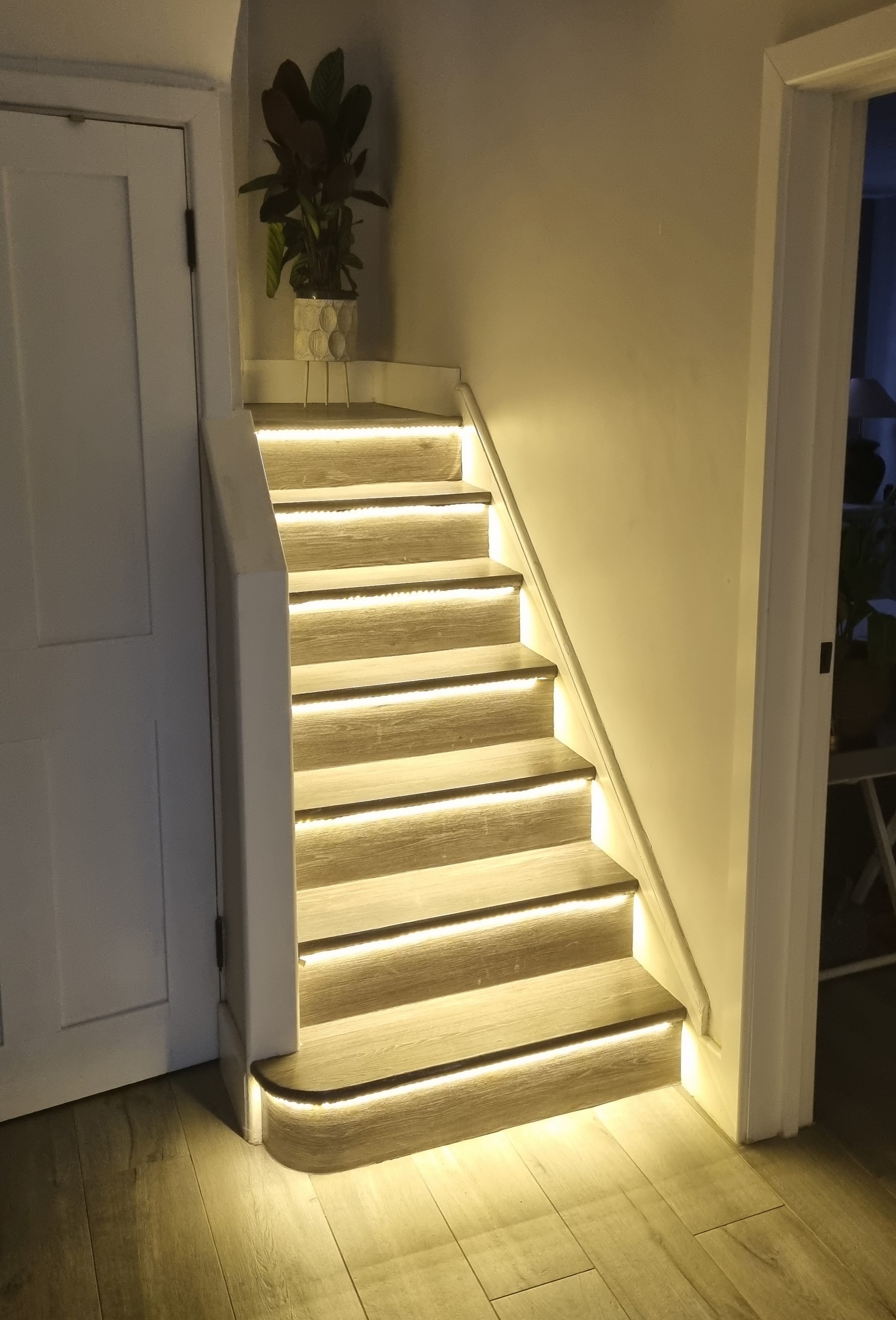 Custom color temperature stair lighting with warm and cool white options